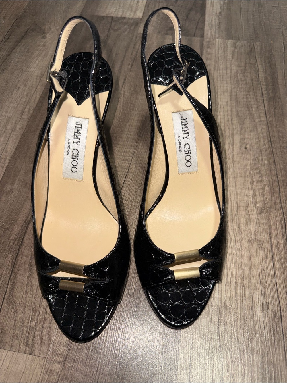 Jimmy Choo Black Patent Slingback Mules with Gold Accents